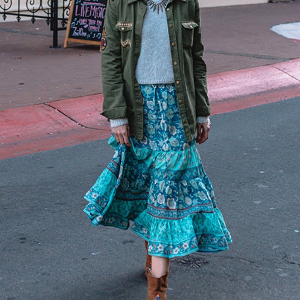 Arnhem Teal Floral Tiered Midi Skirt